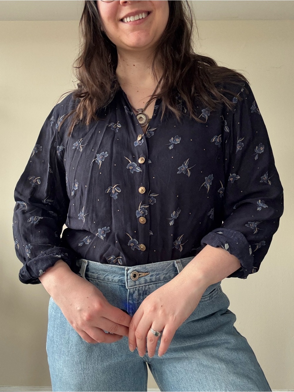 Vintage Rena Rowan Navy Floral Button-Down Blouse